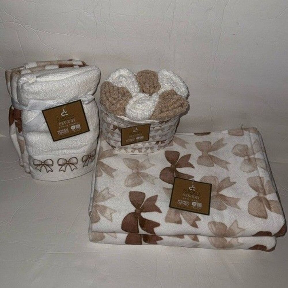 NWT Deborah Connolly 12 Piece Velour Cotton Bath Towel Set White Brown Tan Bows